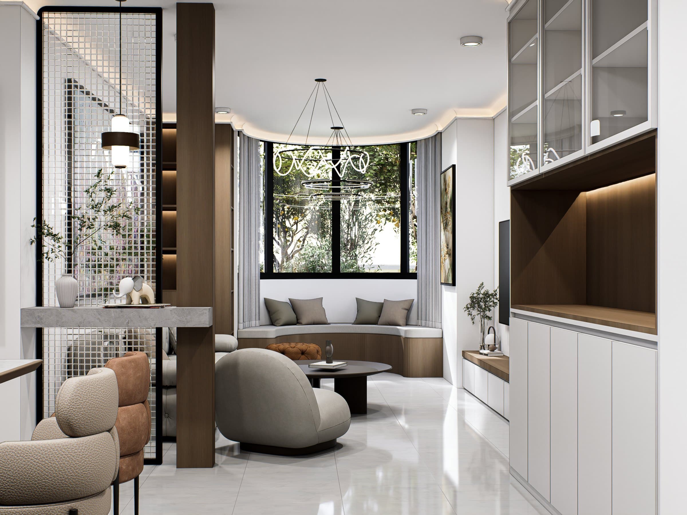 An entry corridor with concealed wardrobe doors and a calm tonal palette opening into the living room.
