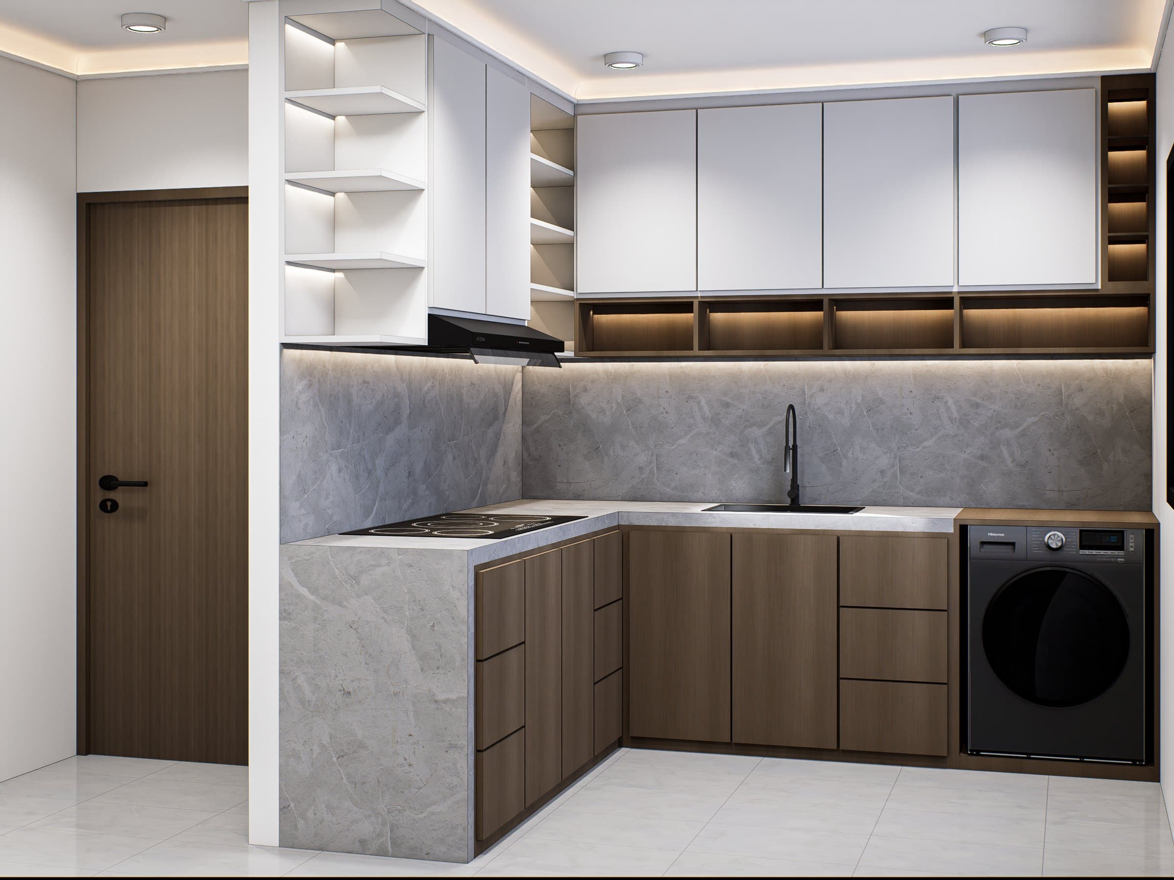 A galley kitchen with quartz counters, concealed tall storage and warm overhead lighting.