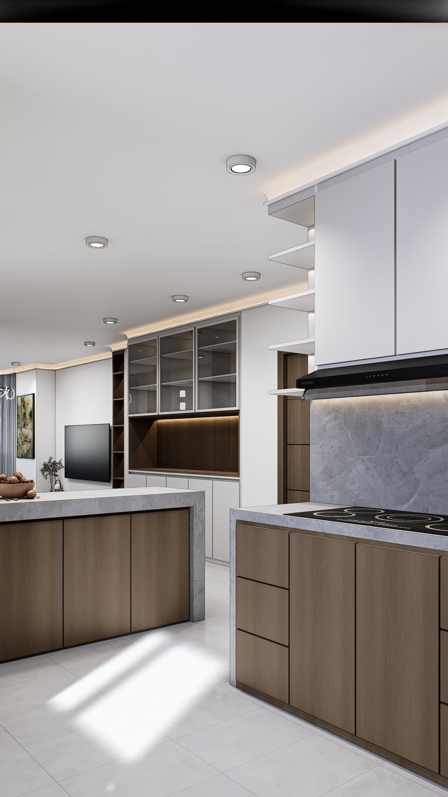 A galley kitchen with quartz counters, concealed tall storage and warm overhead lighting.