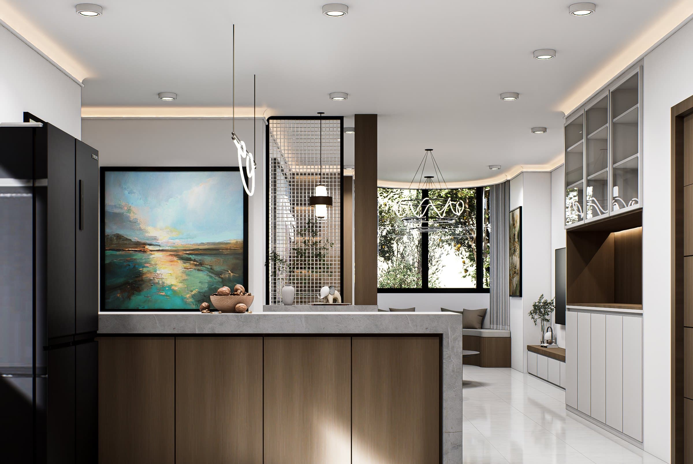 A galley kitchen with quartz counters, concealed tall storage and warm overhead lighting.