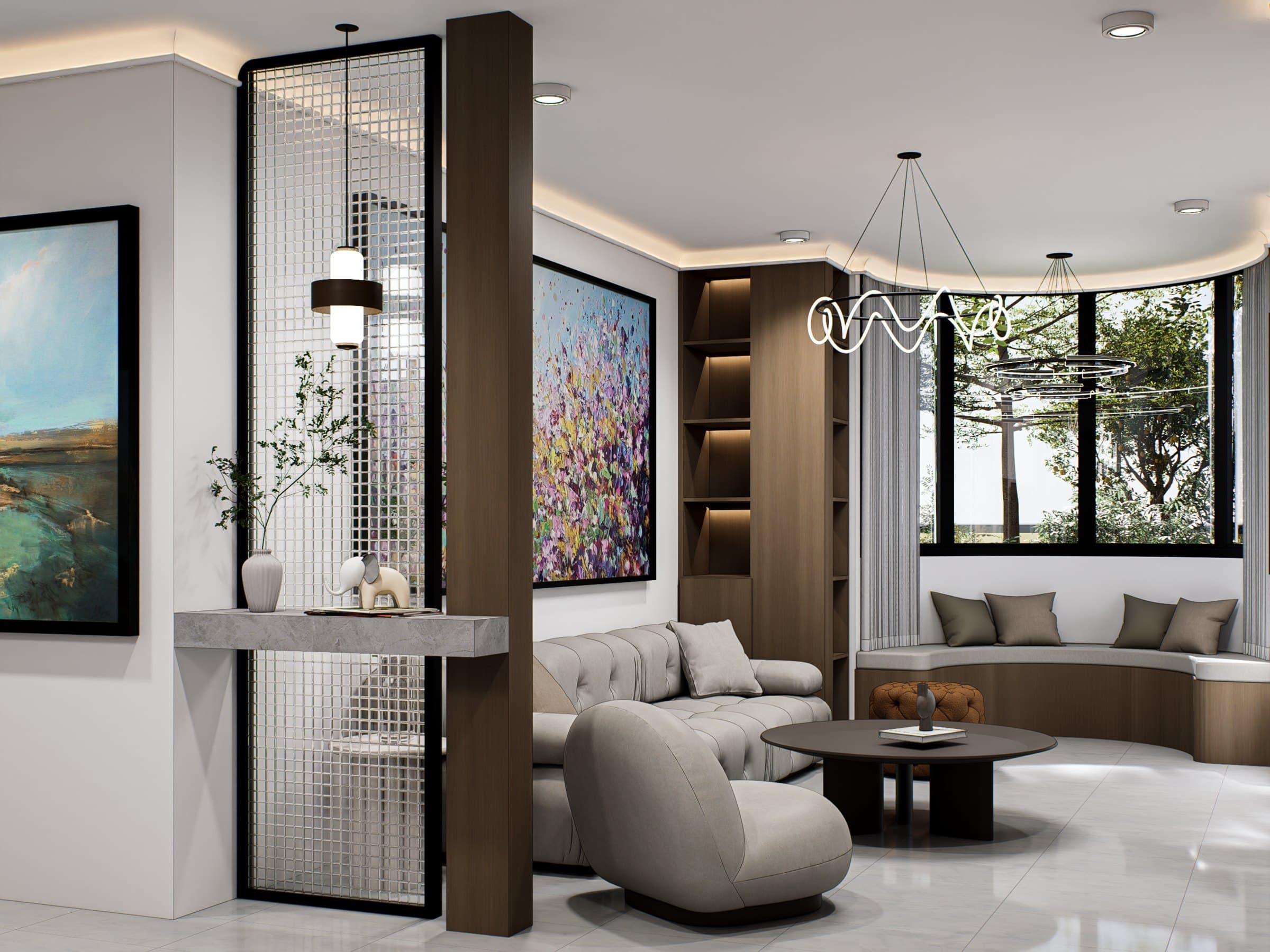 A living room framed by a feature wall and curved seating, with soft cove lighting overhead.