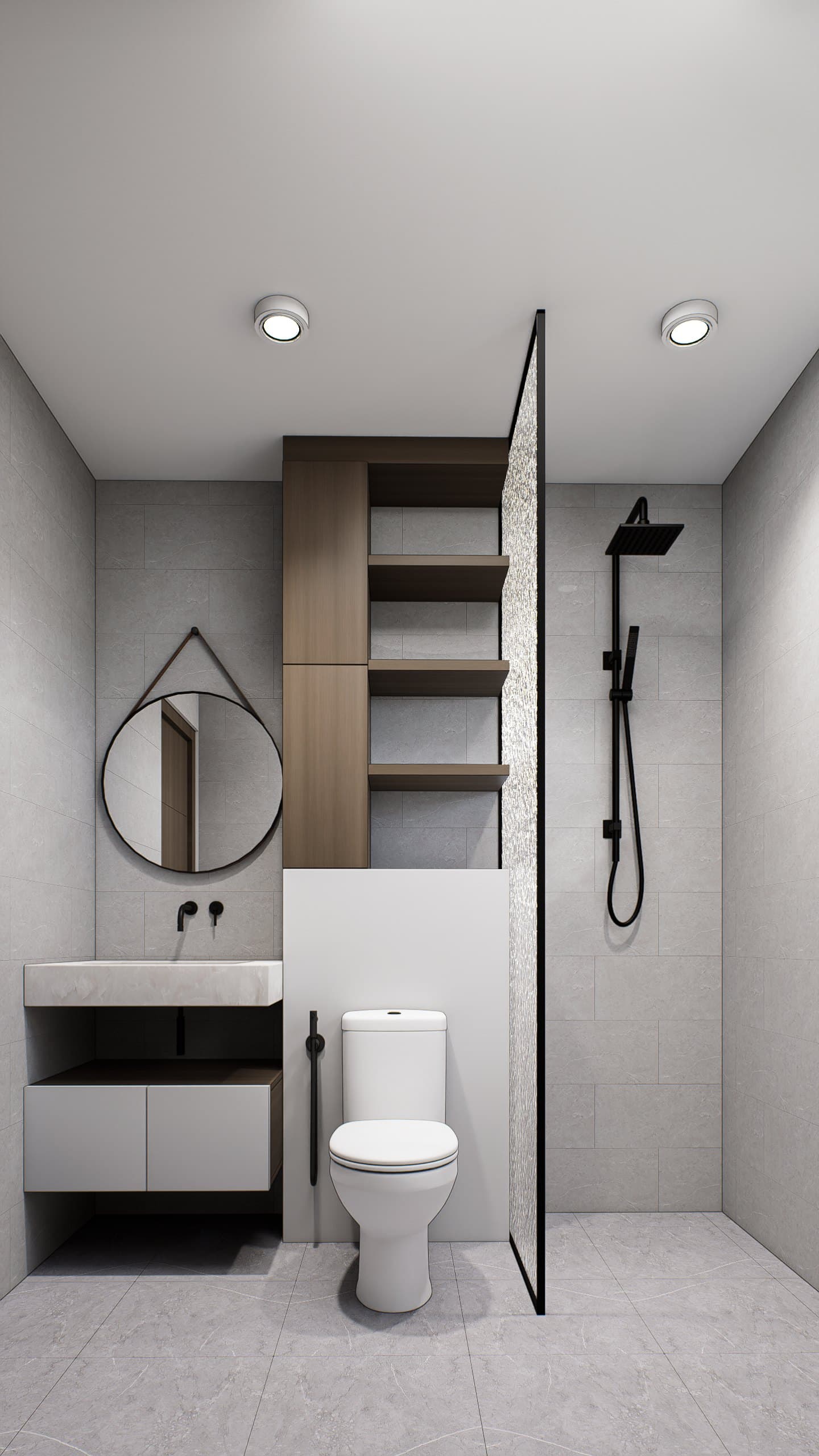 A master ensuite in pale stone, with a freestanding vanity, frameless shower and a recessed niche.