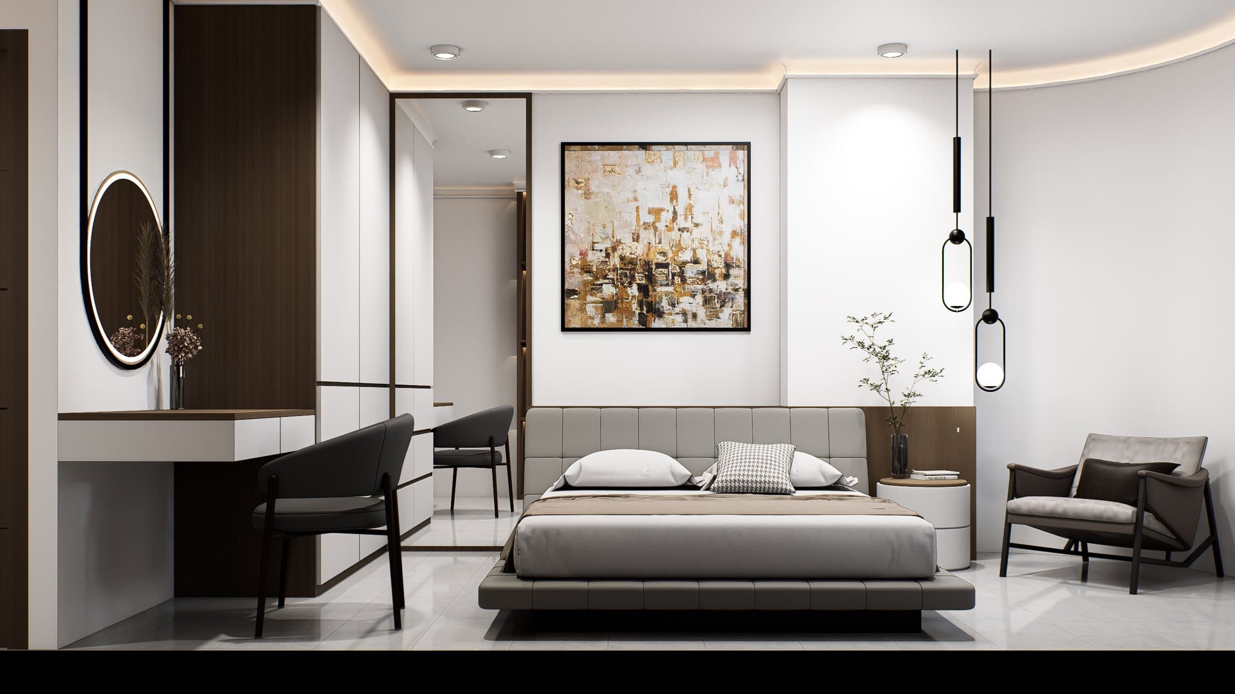 A master bedroom framed by a panelled headboard wall, paired with a platform bed and tonal bedside styling.