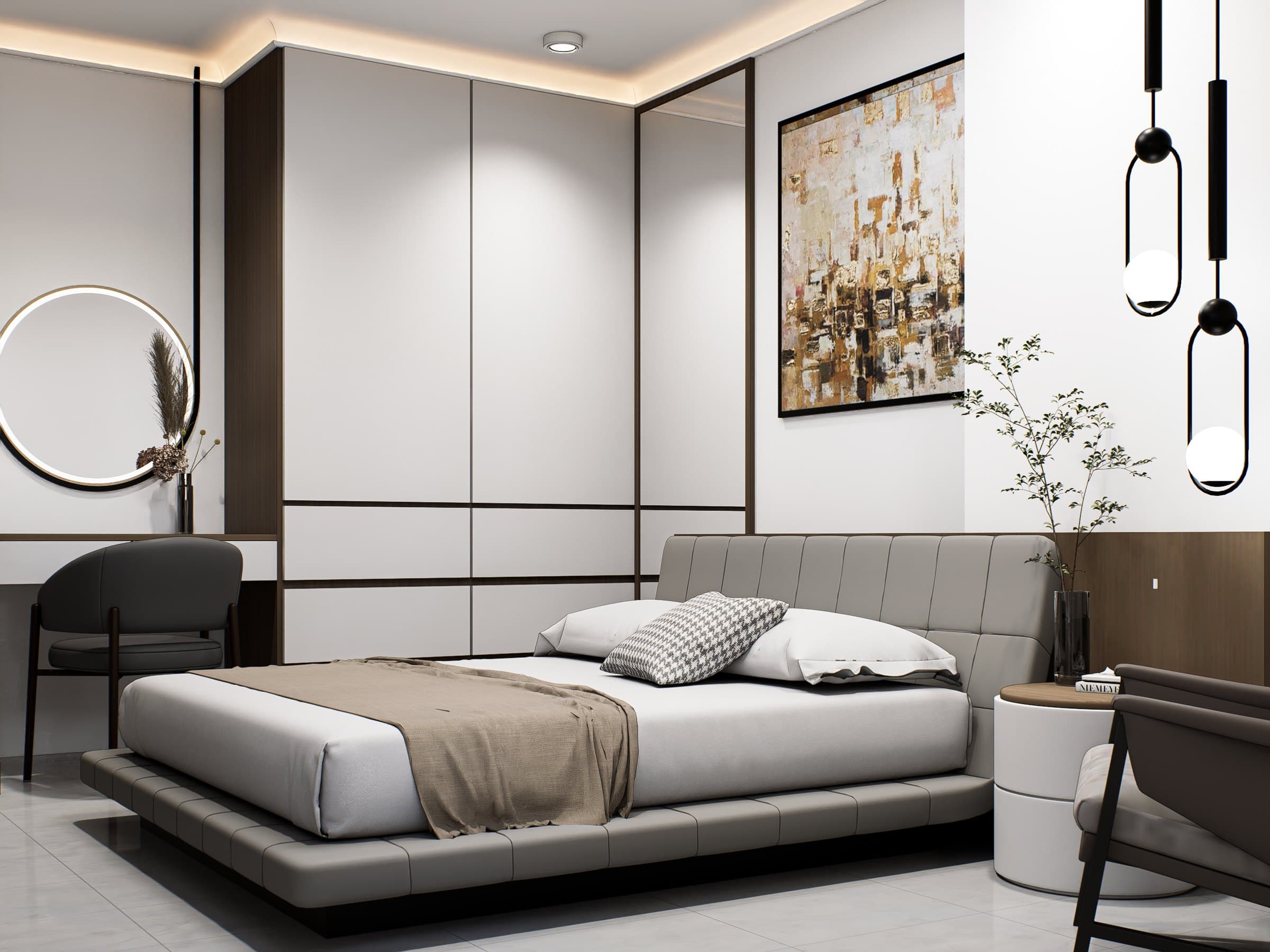 A master bedroom framed by a panelled headboard wall, paired with a platform bed and tonal bedside styling.