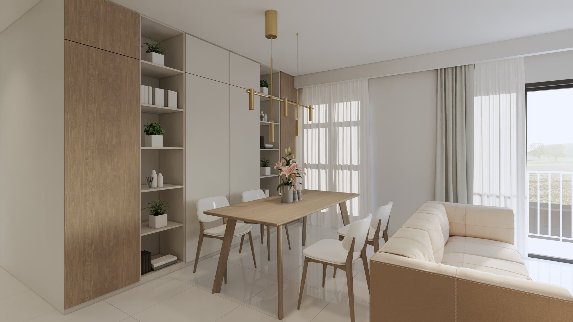 A dining nook framed by a feature wall and pendant lighting, with timber chairs and a calm tonal palette.