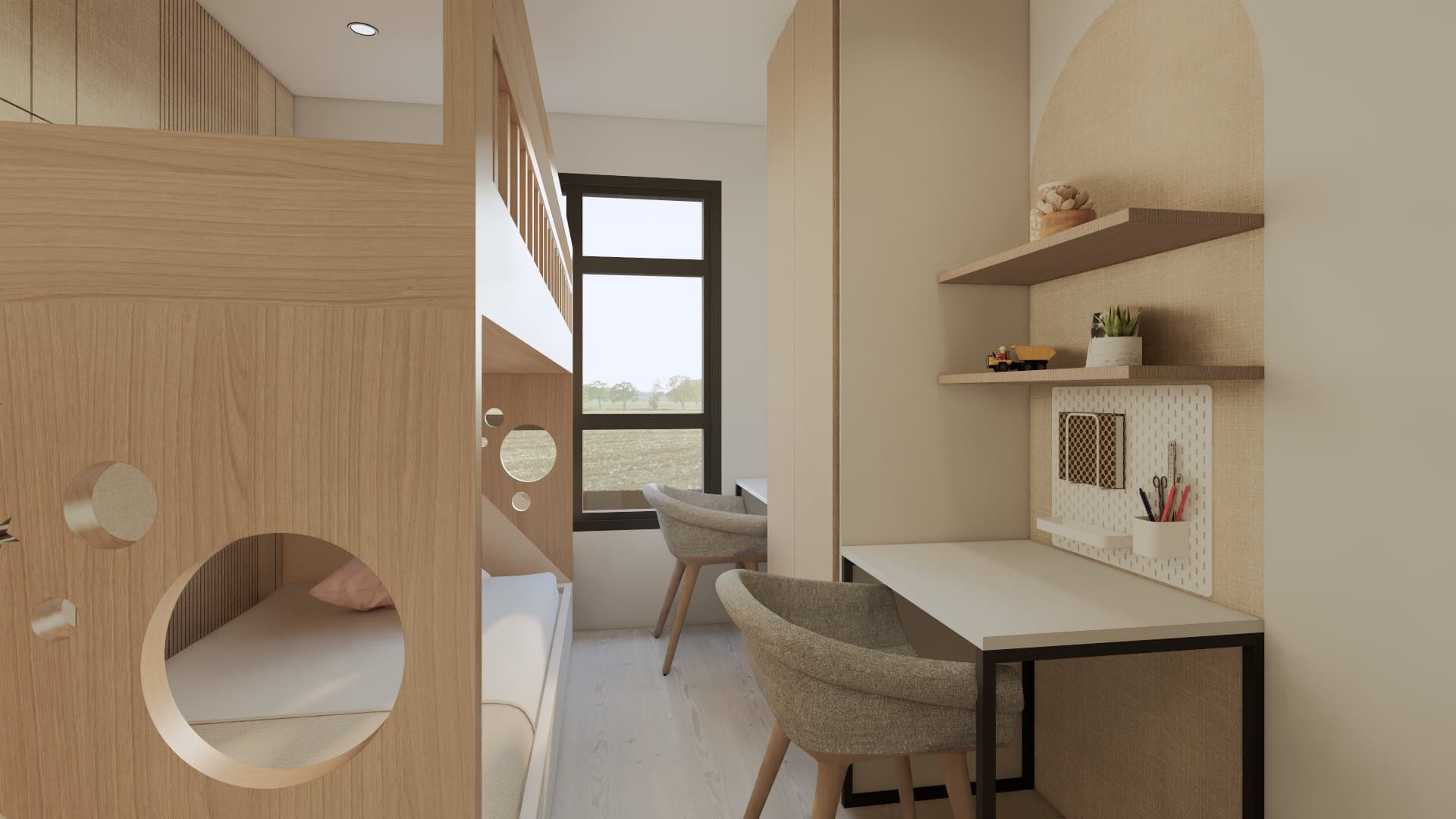 A child's bedroom in oak and chalk white, with a built-in study desk and layered tonal styling.