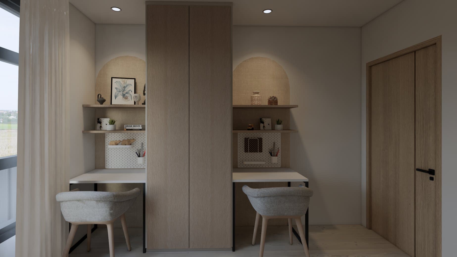 A child's bedroom in oak and chalk white, with a built-in study desk and layered tonal styling.