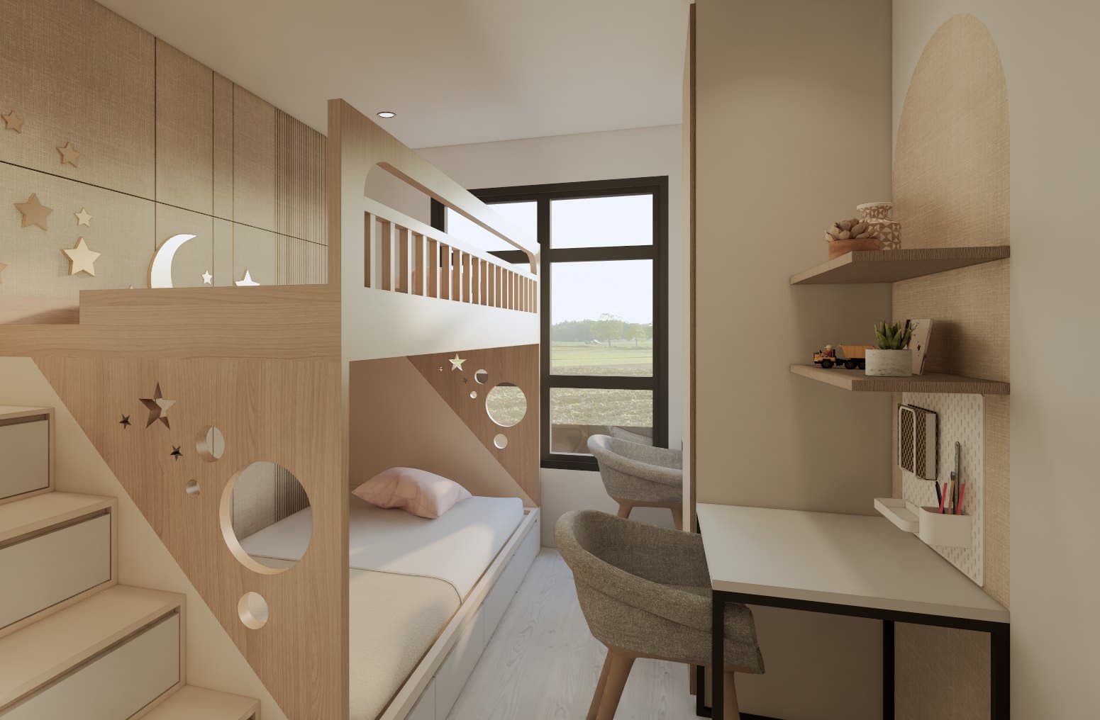 A child's bedroom in oak and chalk white, with a built-in study desk and layered tonal styling.