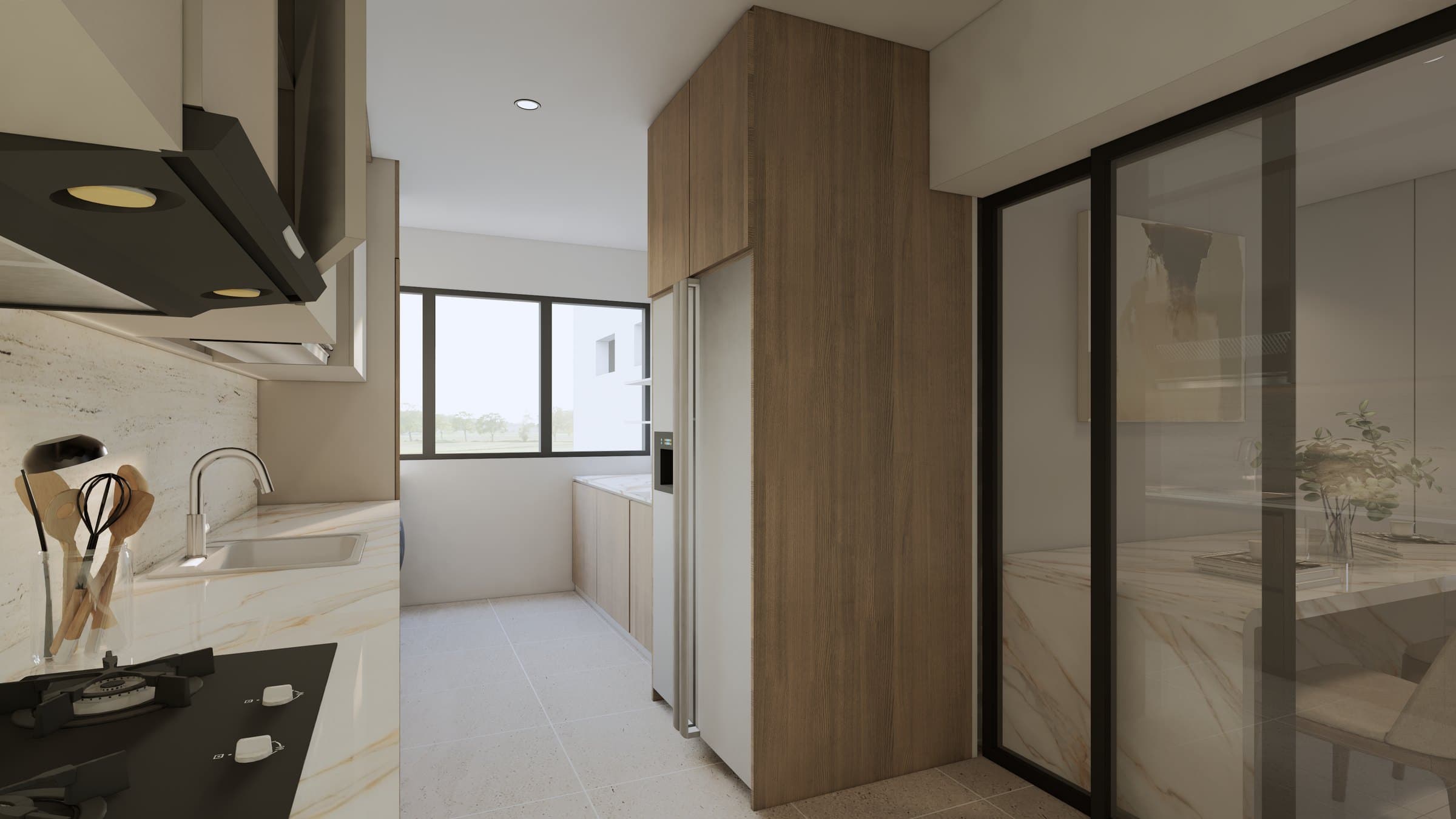A galley kitchen with quartz counters, concealed tall storage and warm overhead lighting.