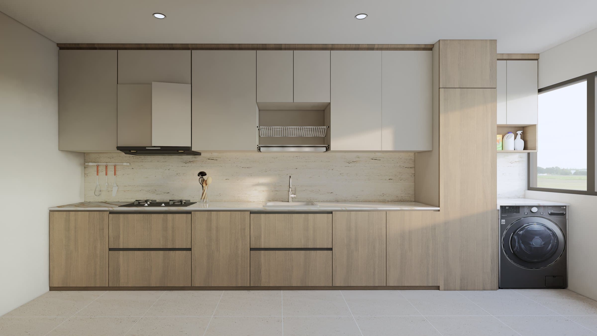 A galley kitchen with quartz counters, concealed tall storage and warm overhead lighting.