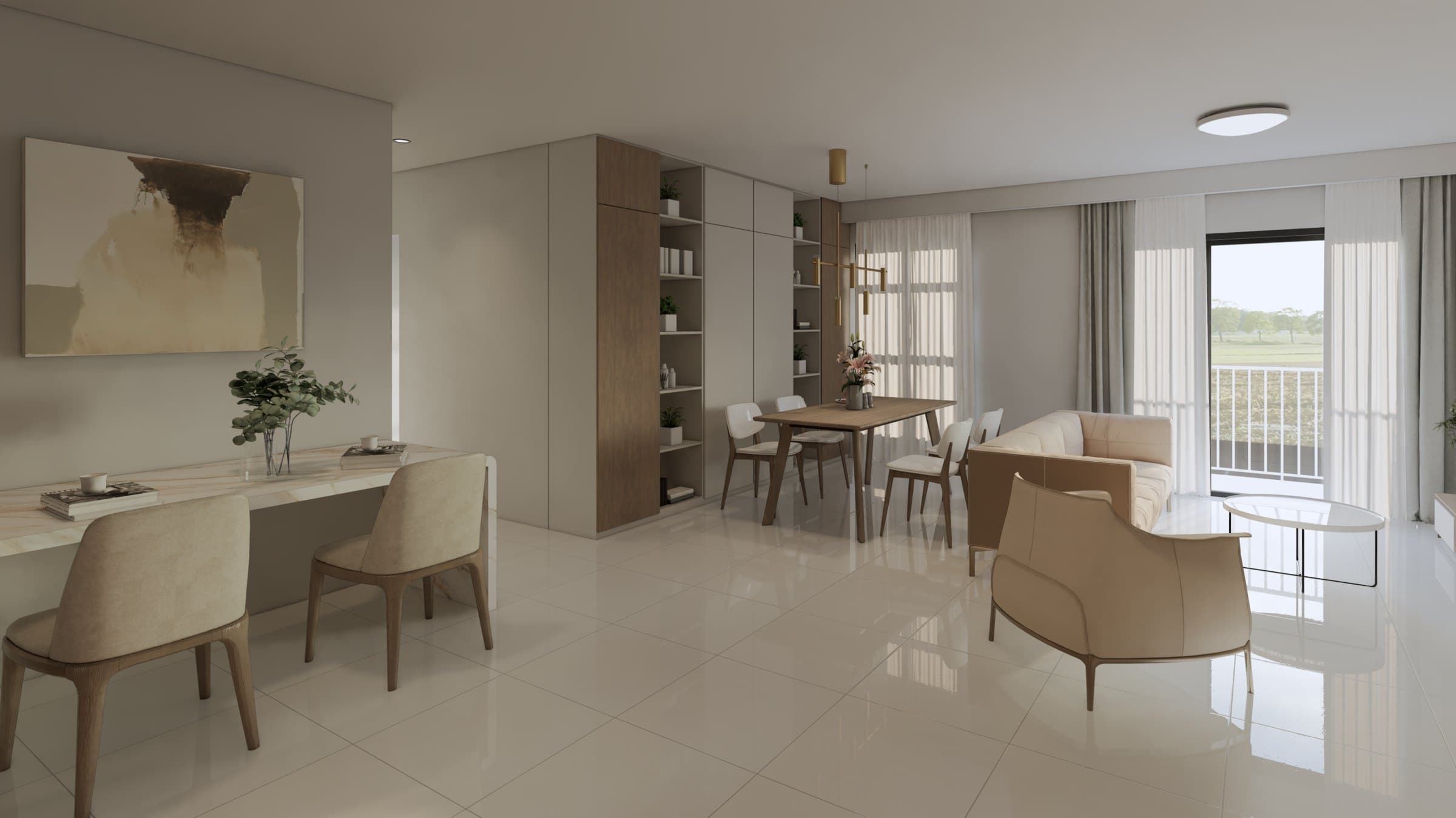 A living-and-dining room dressed in a warm tonal palette, with built-in joinery and a feature wall anchoring the seating.