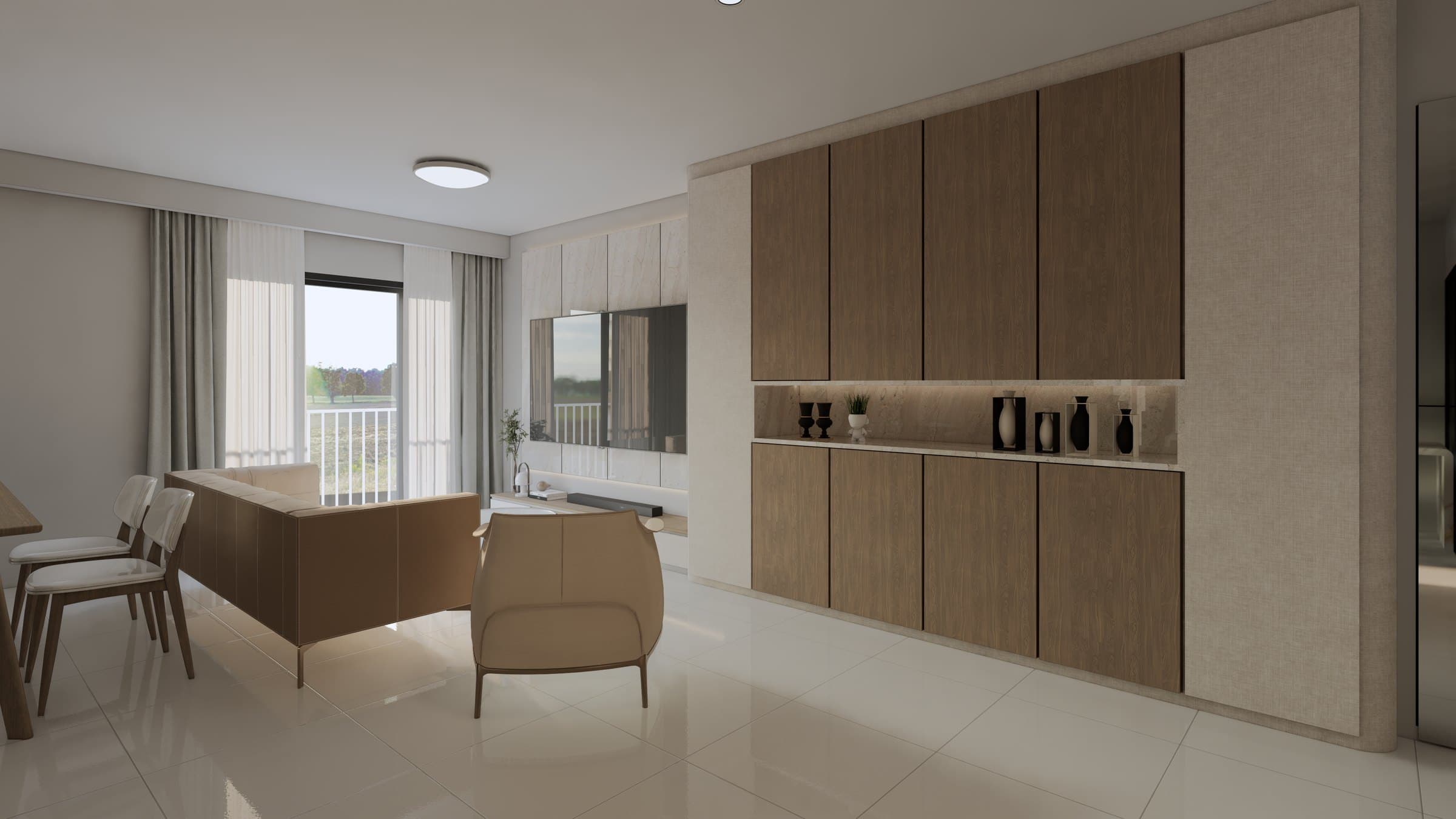 A living room arranged around a sectional sofa and feature TV wall, with cove lighting and tonal styling.