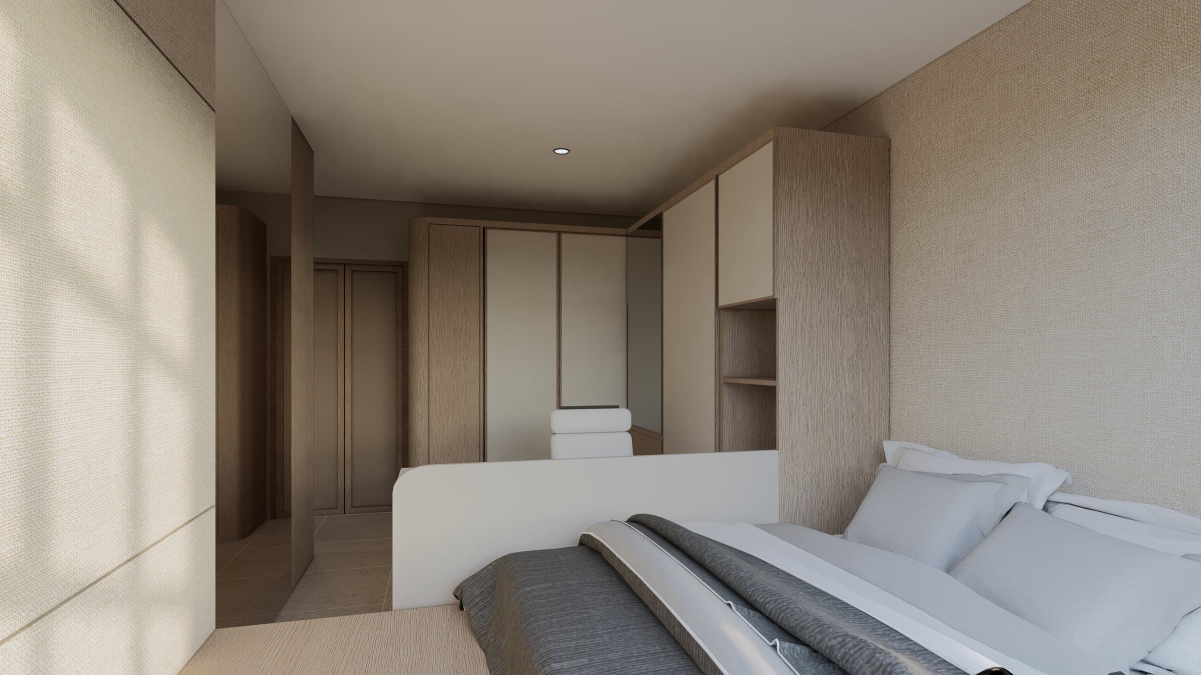 A master bedroom framed by a panelled headboard wall, paired with a platform bed and tonal bedside styling.