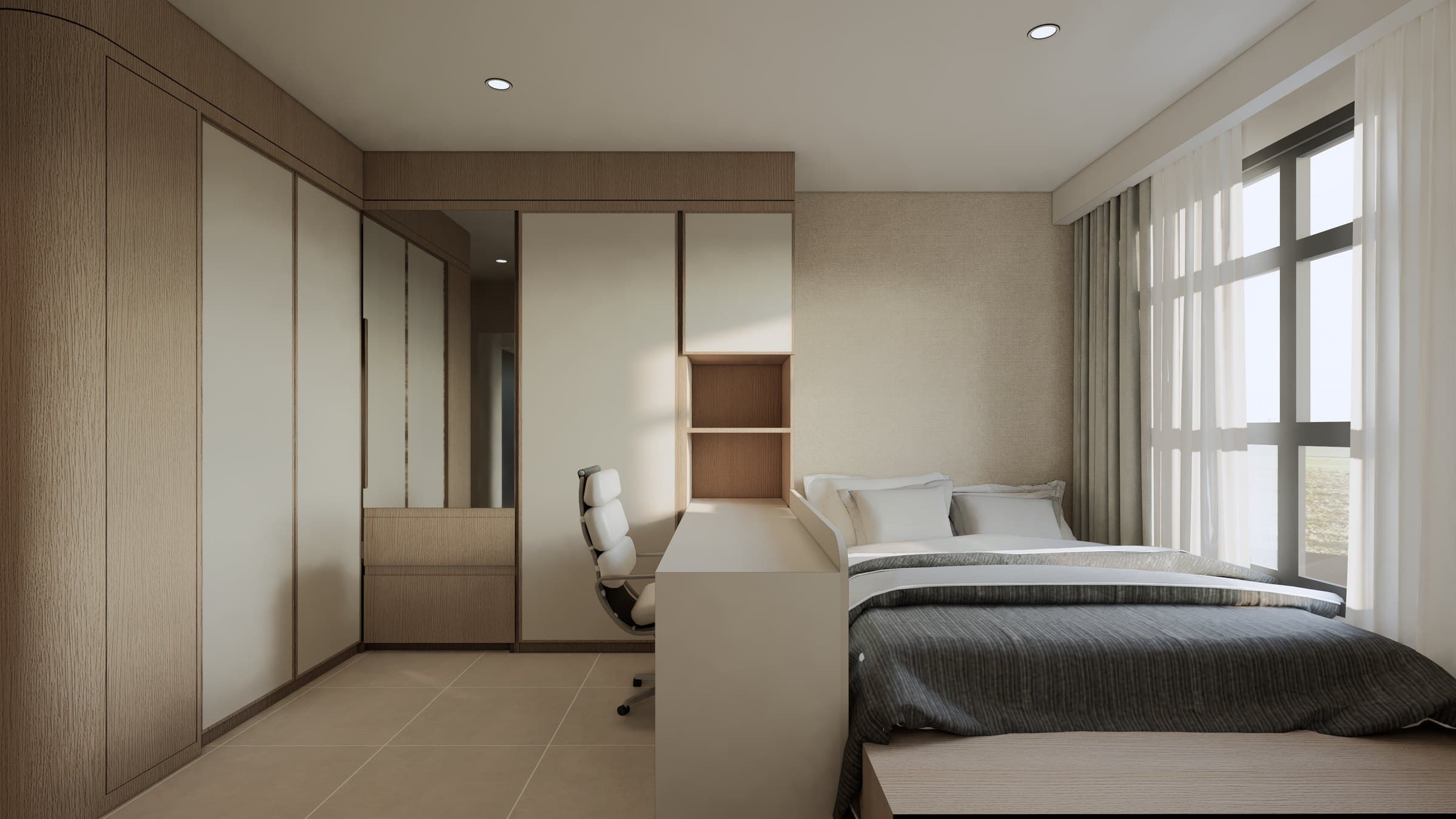 A master bedroom framed by a panelled headboard wall, paired with a platform bed and tonal bedside styling.