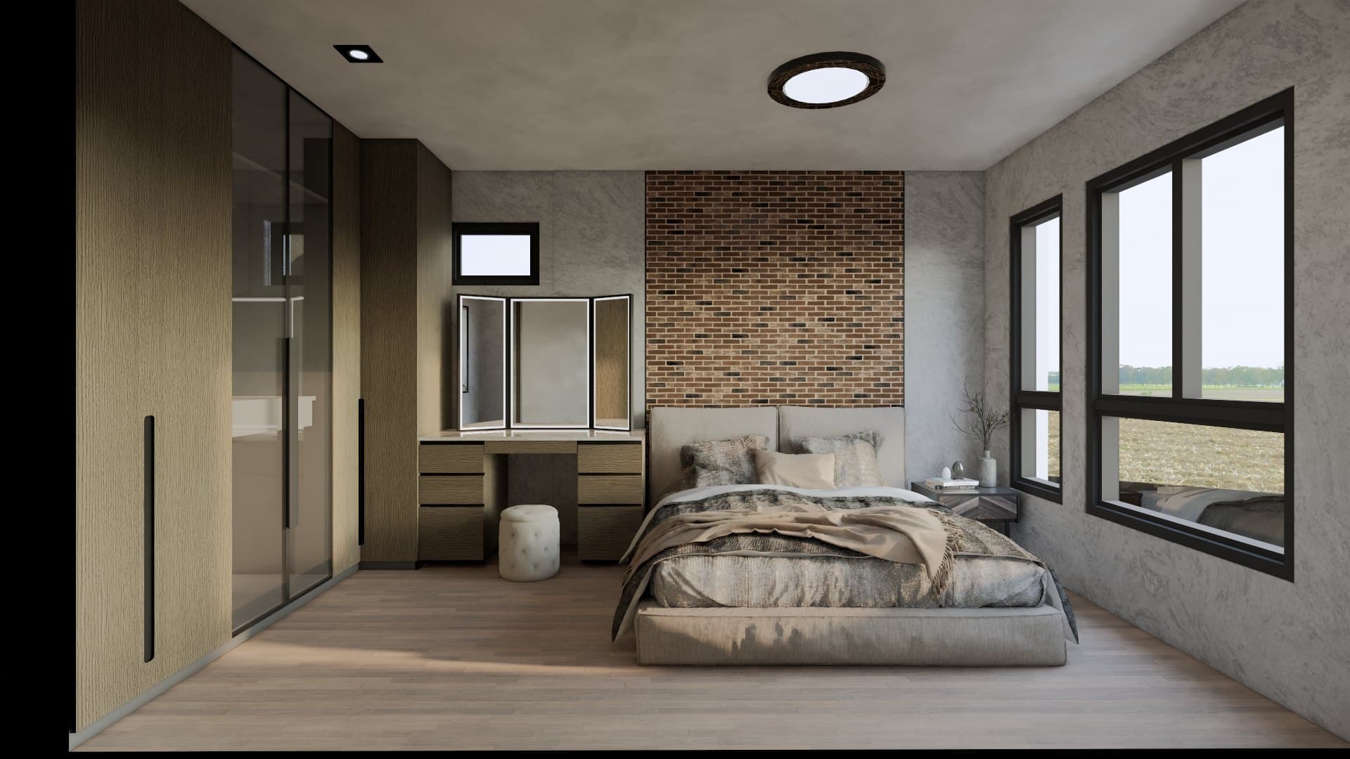 A bedroom in a calm tonal palette, dressed with a platform bed, built-in wardrobe and quiet bedside styling.