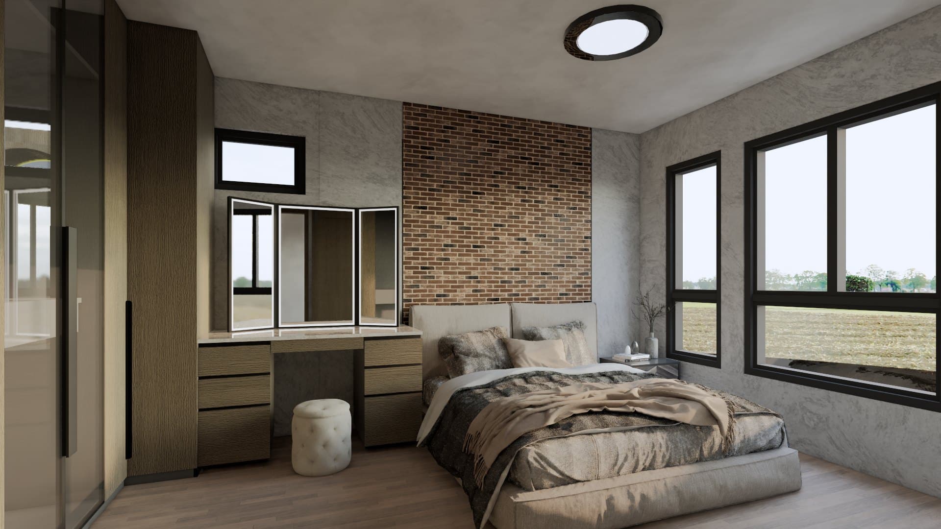 A bedroom in a calm tonal palette, dressed with a platform bed, built-in wardrobe and quiet bedside styling.