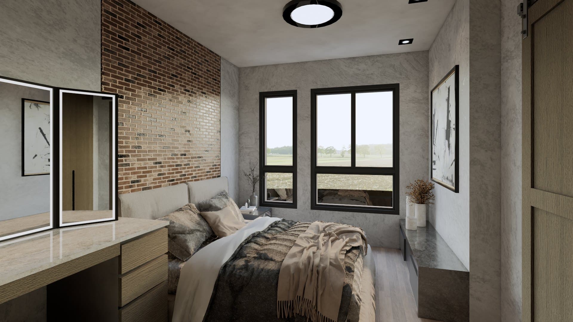 A bedroom in a calm tonal palette, dressed with a platform bed, built-in wardrobe and quiet bedside styling.