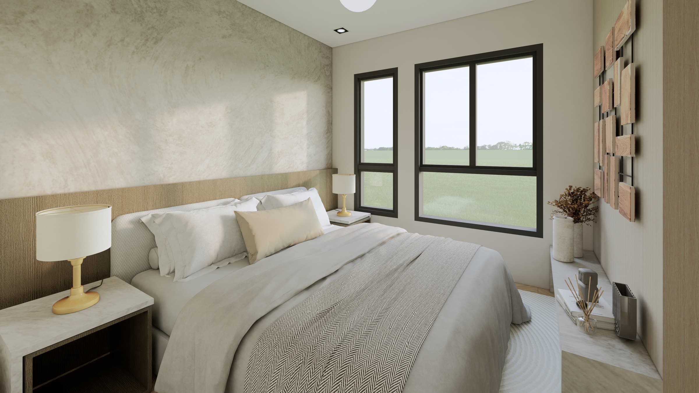 A bedroom in a calm tonal palette, dressed with a platform bed, built-in wardrobe and quiet bedside styling.