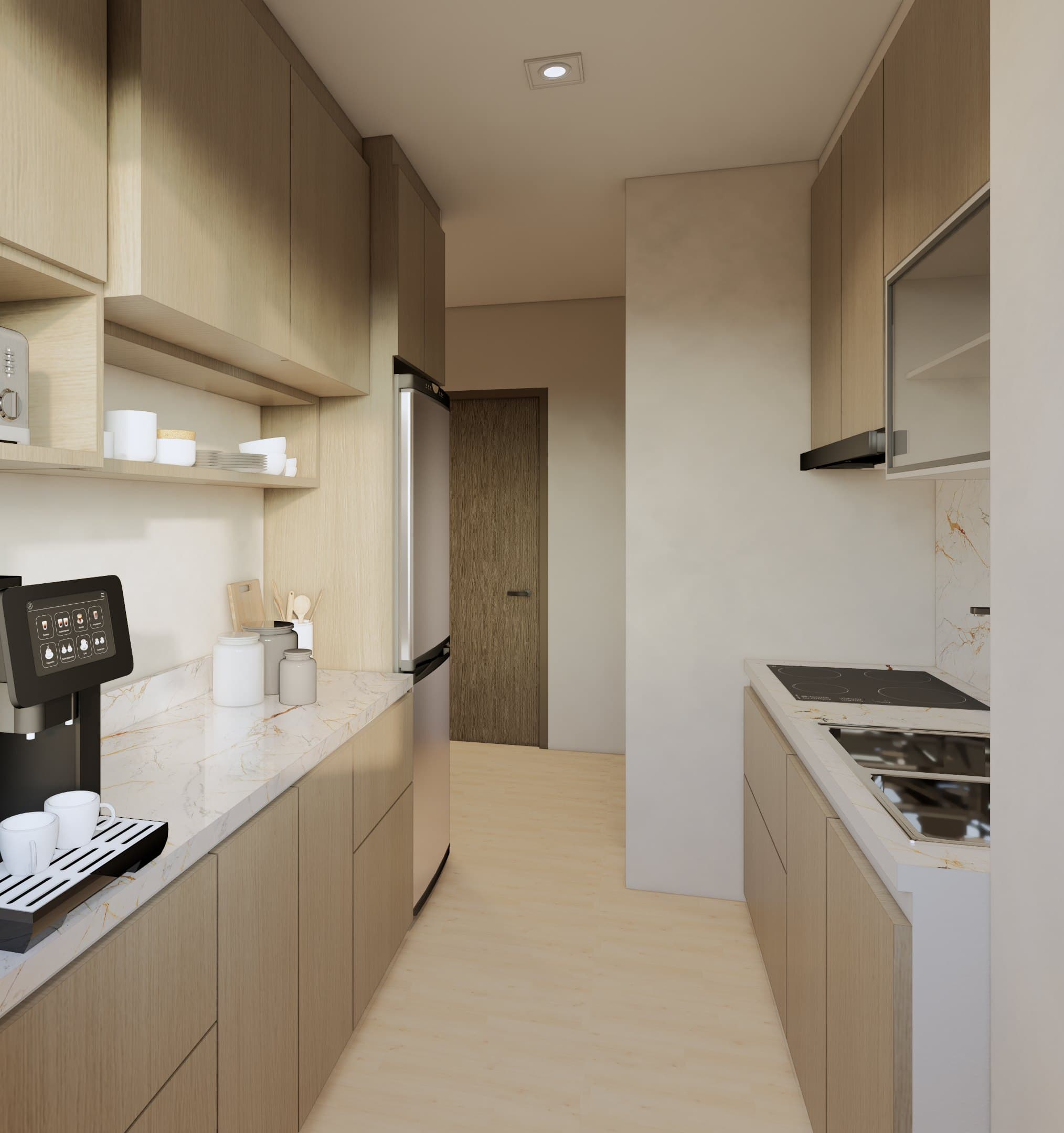 A galley kitchen with quartz counters, concealed tall storage and warm overhead lighting.