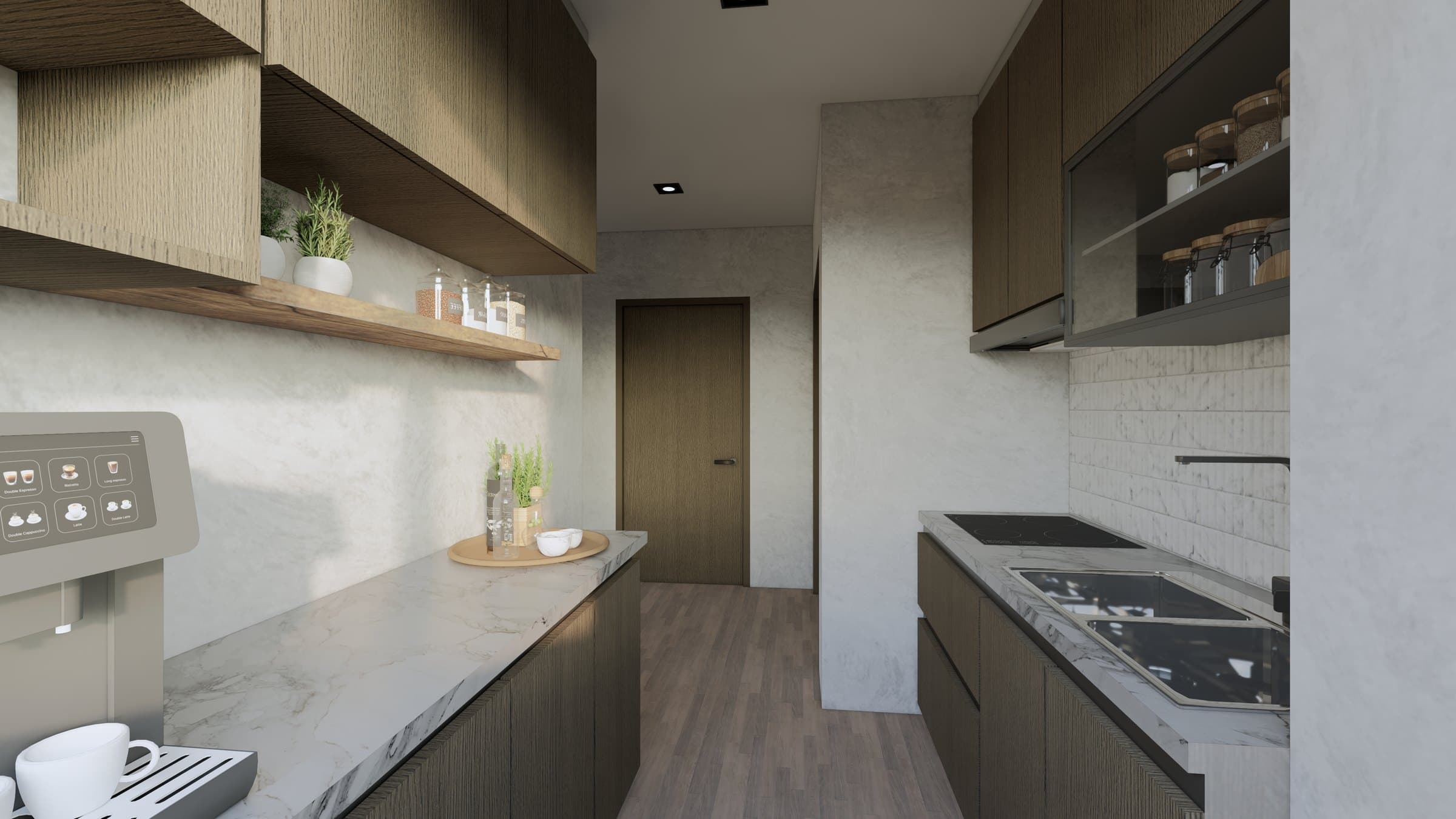 A galley kitchen with quartz counters, concealed tall storage and warm overhead lighting.