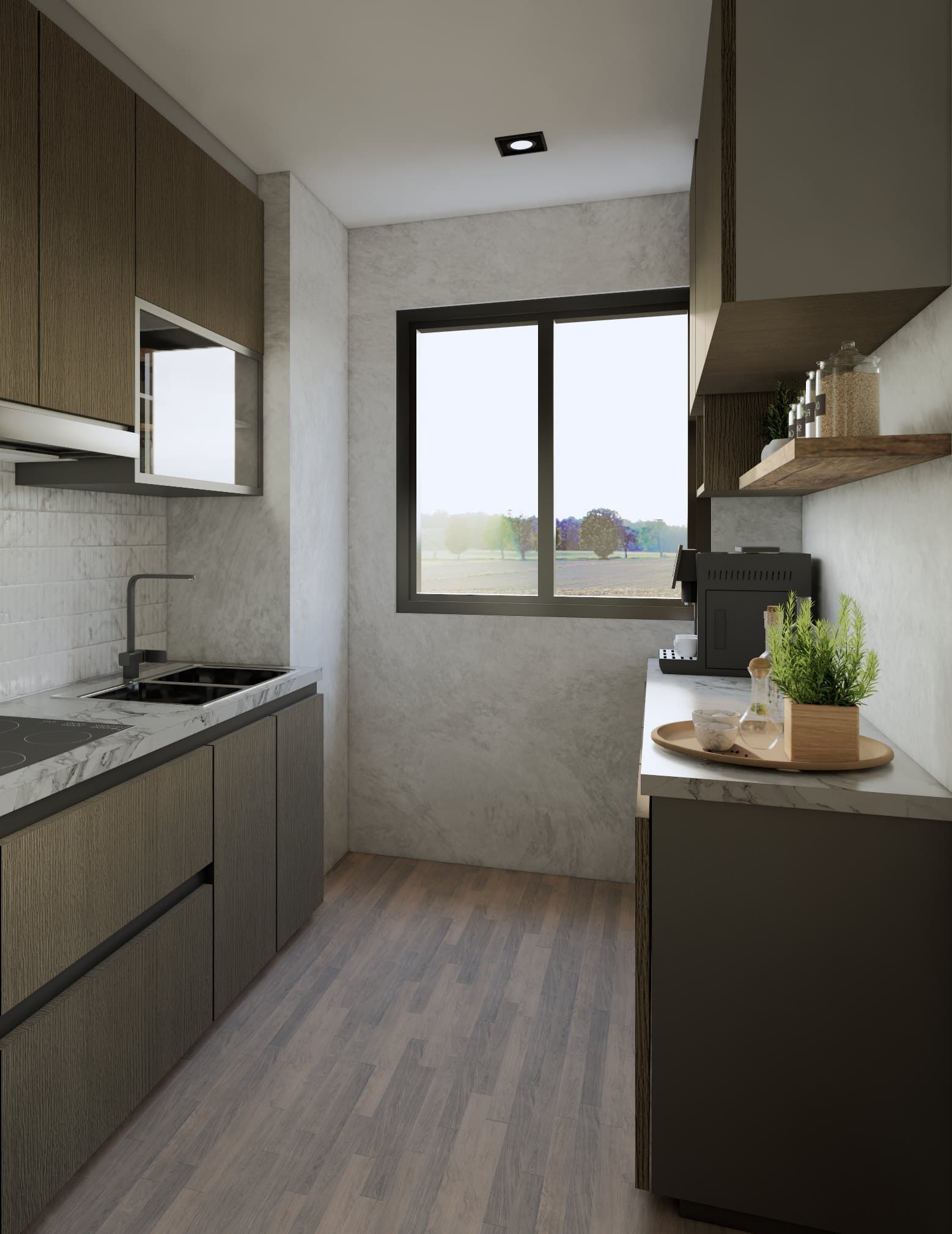 A galley kitchen with quartz counters, concealed tall storage and warm overhead lighting.