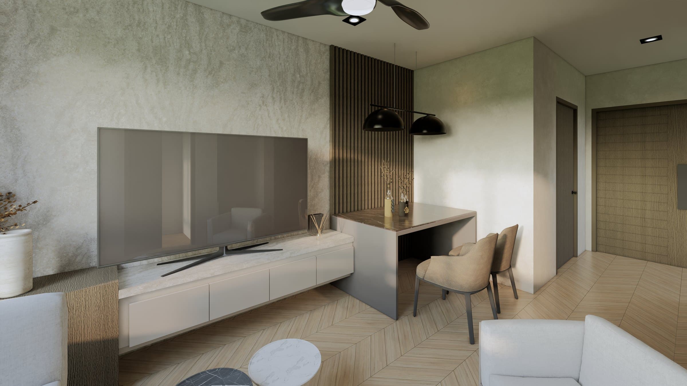 An open living-dining-kitchen layout in a restrained palette, anchored by a feature wall and concealed joinery.