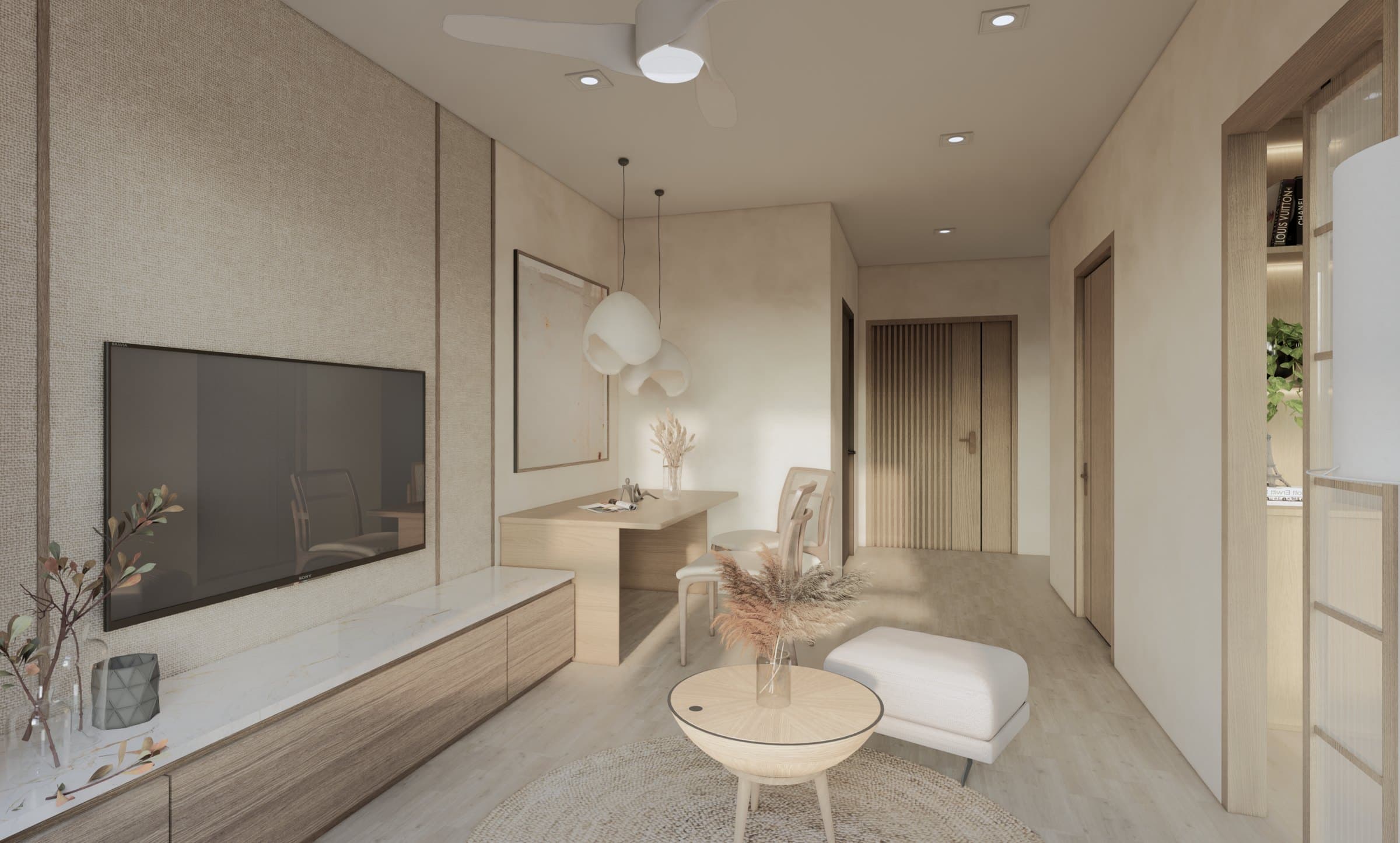 A living-and-dining room dressed in a warm tonal palette, with built-in joinery and a feature wall anchoring the seating.