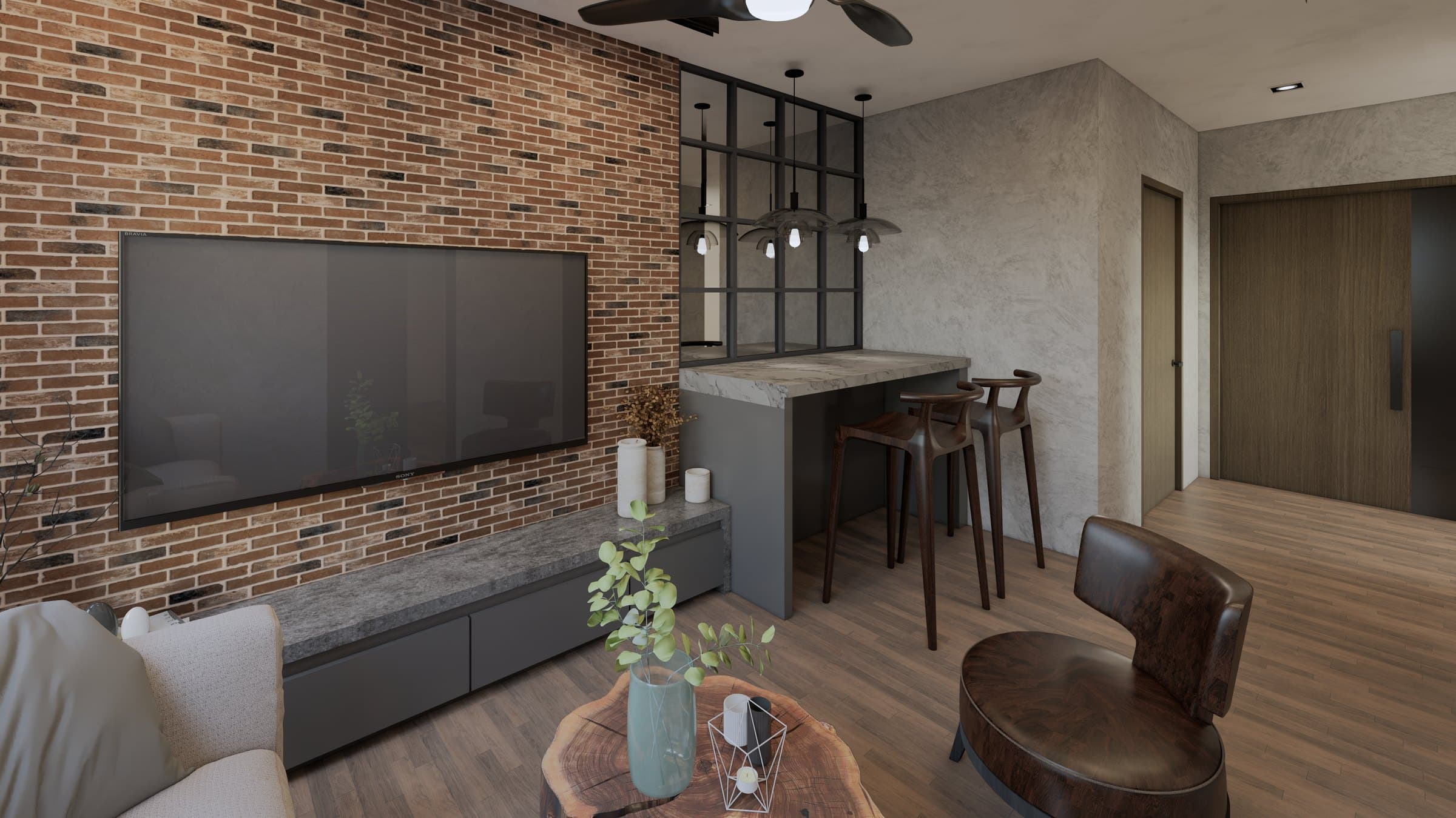 A living-and-dining room dressed in a warm tonal palette, with built-in joinery and a feature wall anchoring the seating.