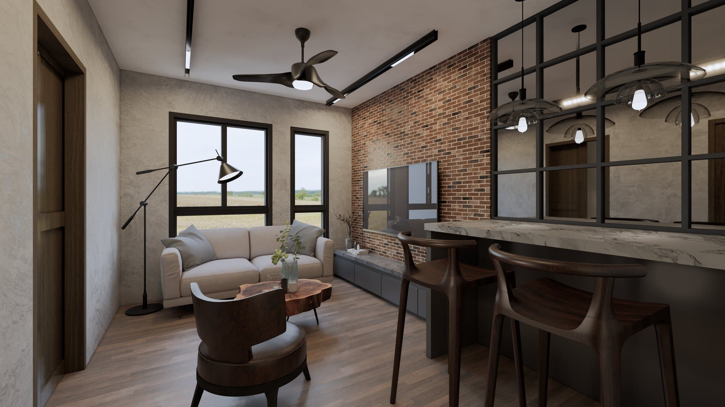 A living-and-dining room dressed in a warm tonal palette, with built-in joinery and a feature wall anchoring the seating.