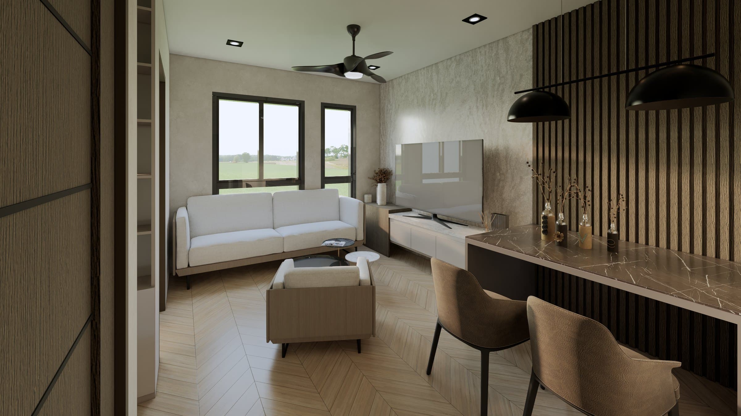 A living-and-dining setting framed by cove lighting and a tonal feature wall, balanced by a soft seating arrangement.