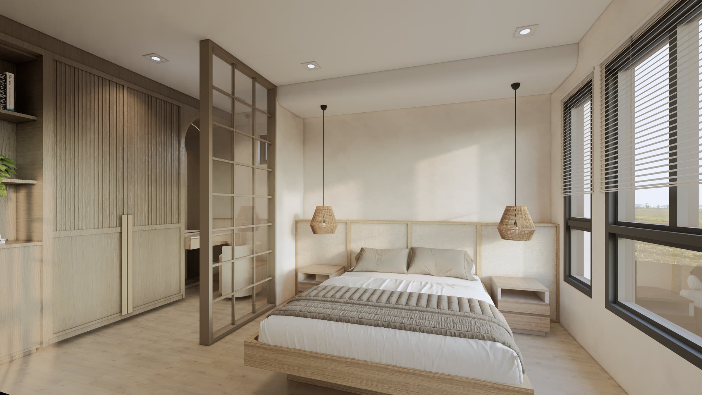 A master bedroom framed by a panelled headboard wall, paired with a platform bed and tonal bedside styling.