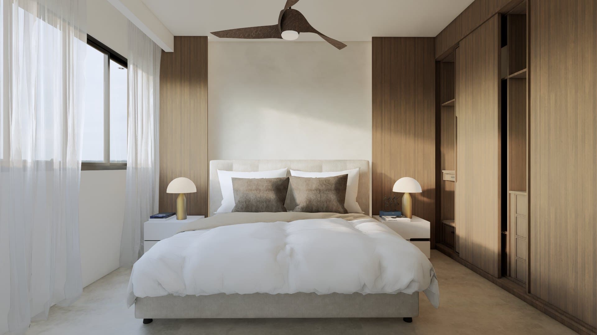 A bedroom in a calm tonal palette, dressed with a platform bed, built-in wardrobe and quiet bedside styling.