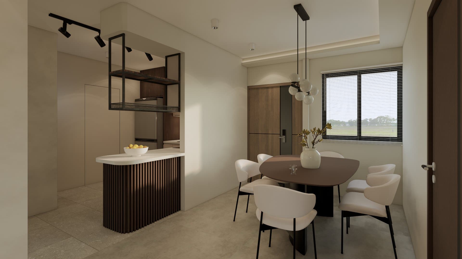 A dining-and-kitchen setting under a soft cove, finished in oak joinery and a calm tonal palette.