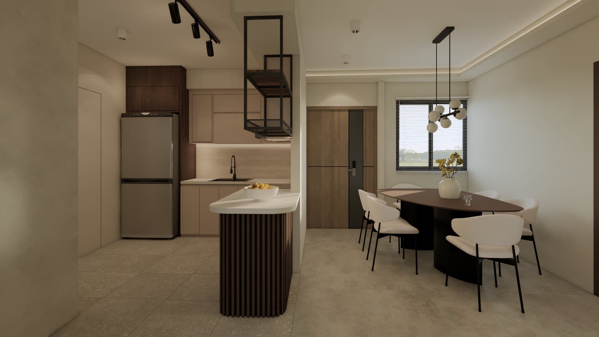 A dining-and-kitchen setting under a soft cove, finished in oak joinery and a calm tonal palette.