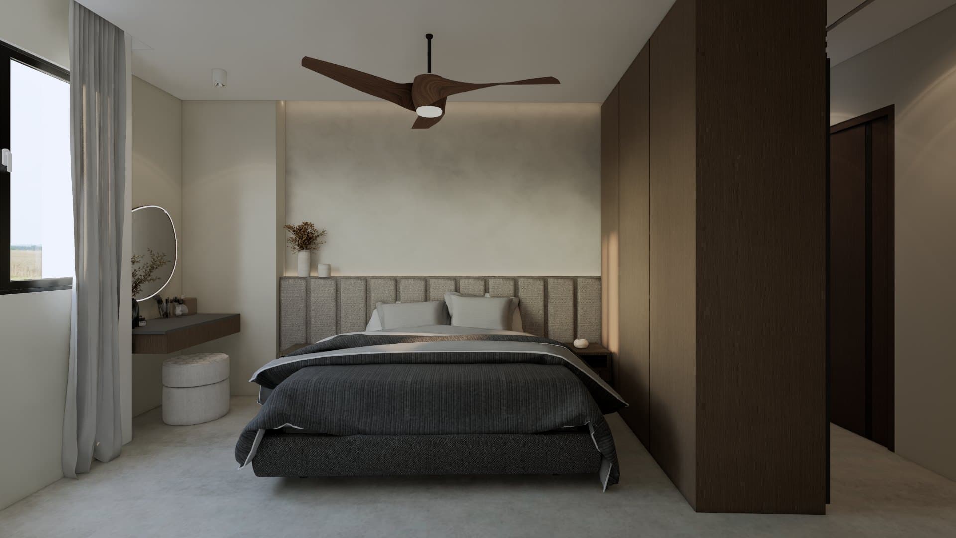 A master bedroom framed by a panelled headboard wall, paired with a platform bed and tonal bedside styling.