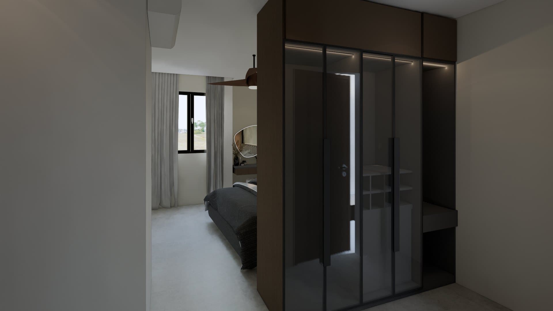 A master bedroom framed by a panelled headboard wall, paired with a platform bed and tonal bedside styling.