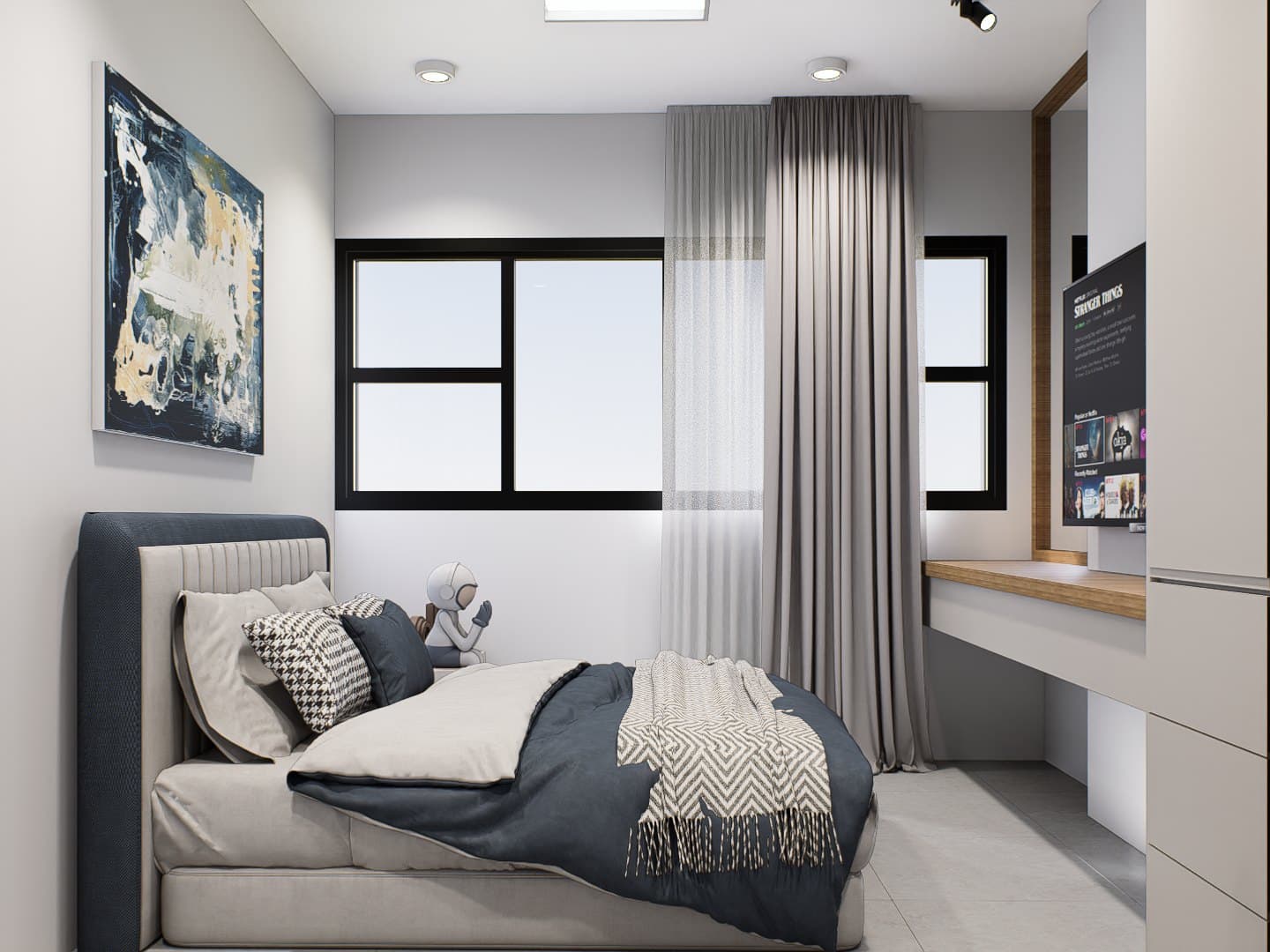 A bedroom in a calm tonal palette, dressed with a platform bed, built-in wardrobe and quiet bedside styling.