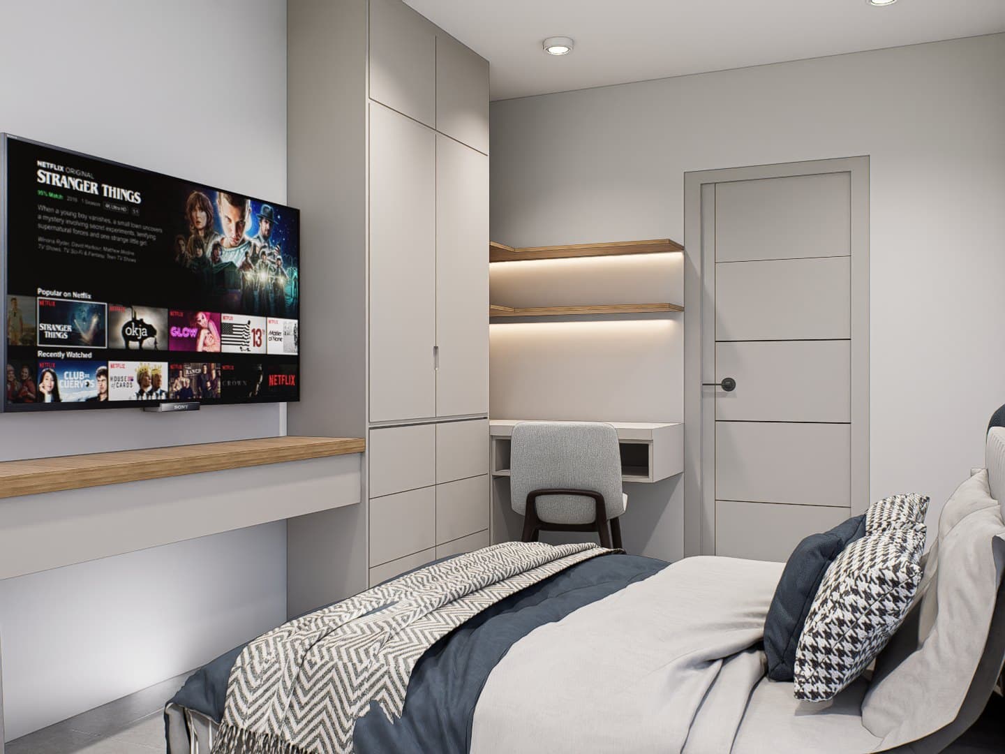 A bedroom in a calm tonal palette, dressed with a platform bed, built-in wardrobe and quiet bedside styling.