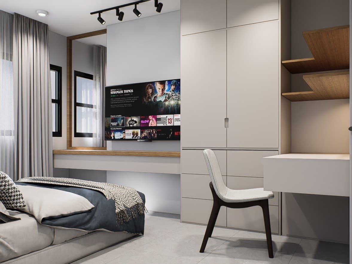 A bedroom in a calm tonal palette, dressed with a platform bed, built-in wardrobe and quiet bedside styling.