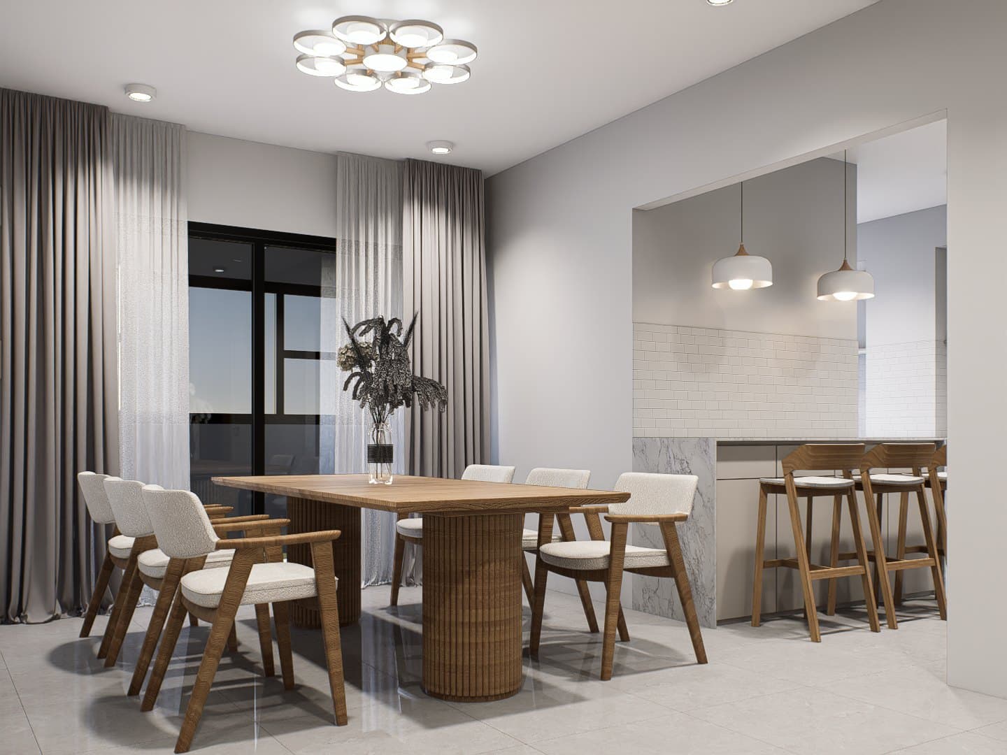 A dining setting under a sculptural pendant, anchored by an oak table and tonal seating.