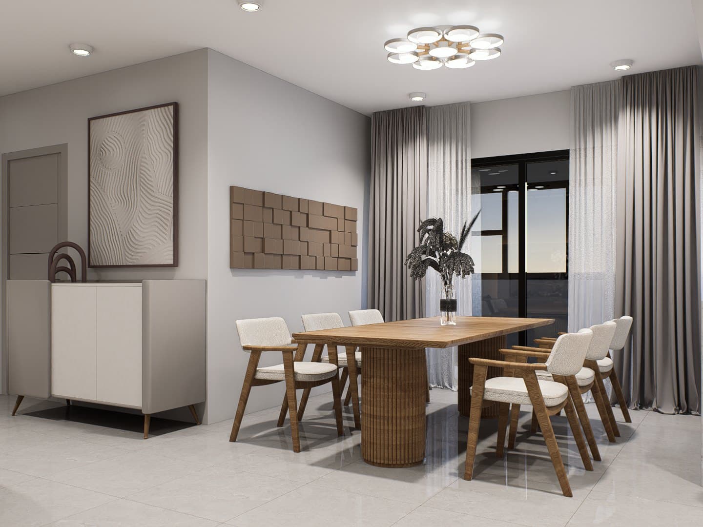 A dining nook framed by a feature wall and pendant lighting, with timber chairs and a calm tonal palette.