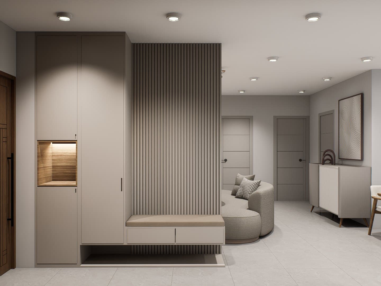 An entry corridor with concealed wardrobe doors and a calm tonal palette opening into the living room.