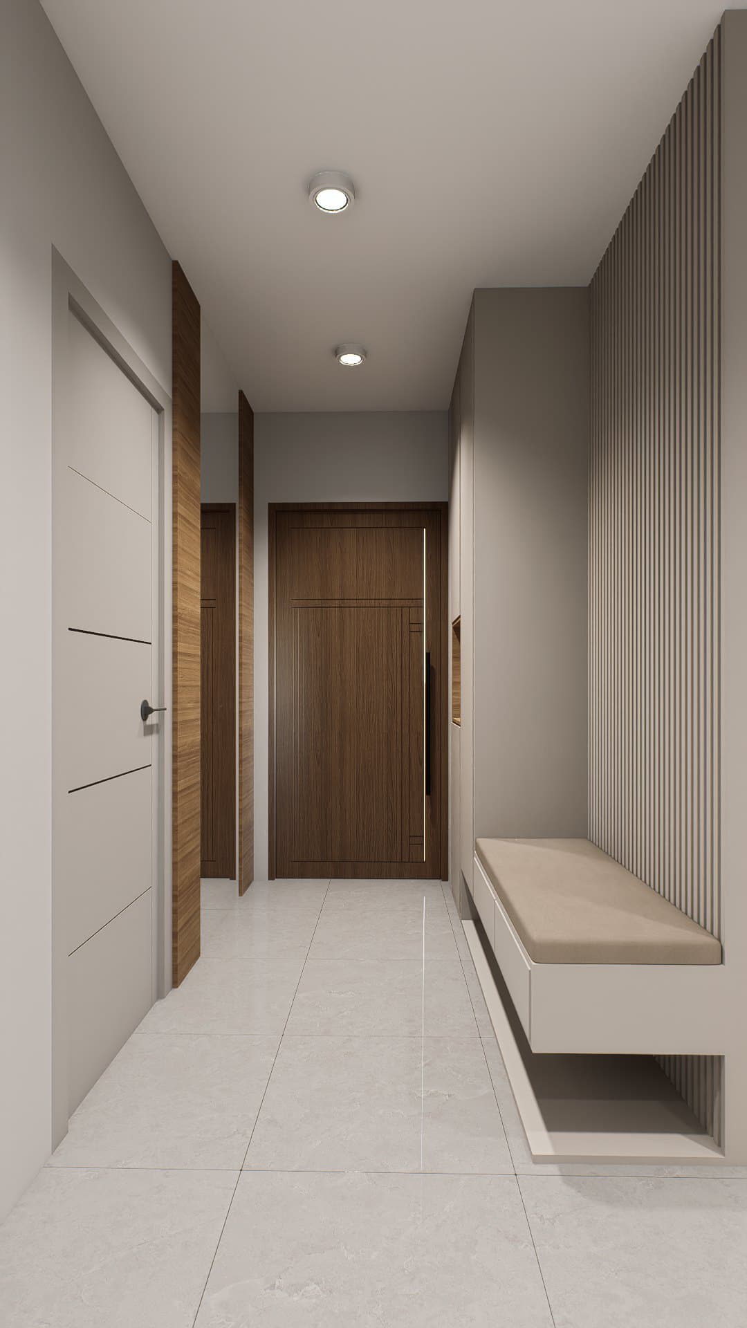 An entry corridor with concealed wardrobe doors and a calm tonal palette opening into the living room.