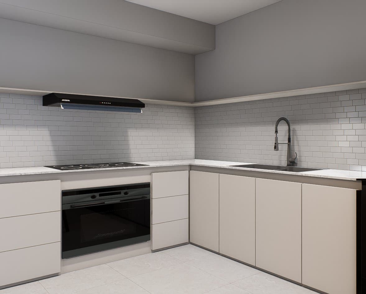 A galley kitchen with quartz counters, concealed tall storage and warm overhead lighting.