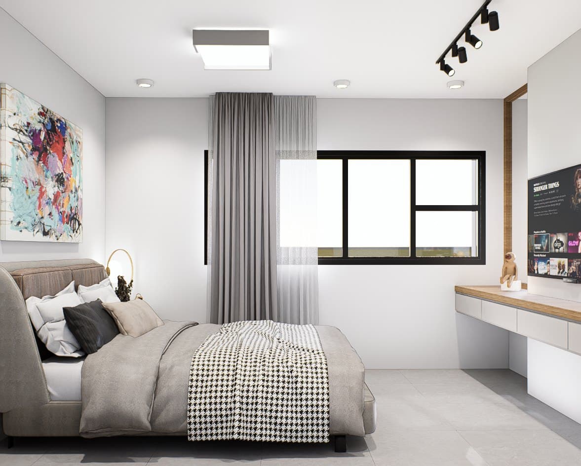 A master bedroom framed by a panelled headboard wall, paired with a platform bed and tonal bedside styling.