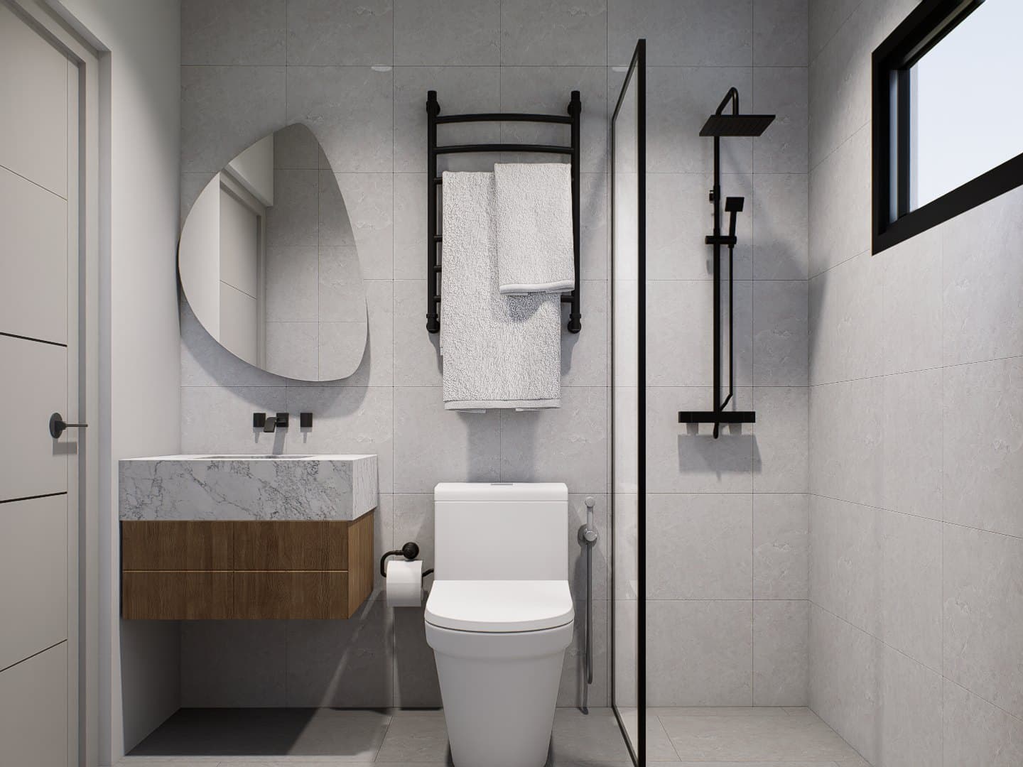 A master ensuite in pale stone, with a freestanding vanity, frameless shower and a recessed niche.