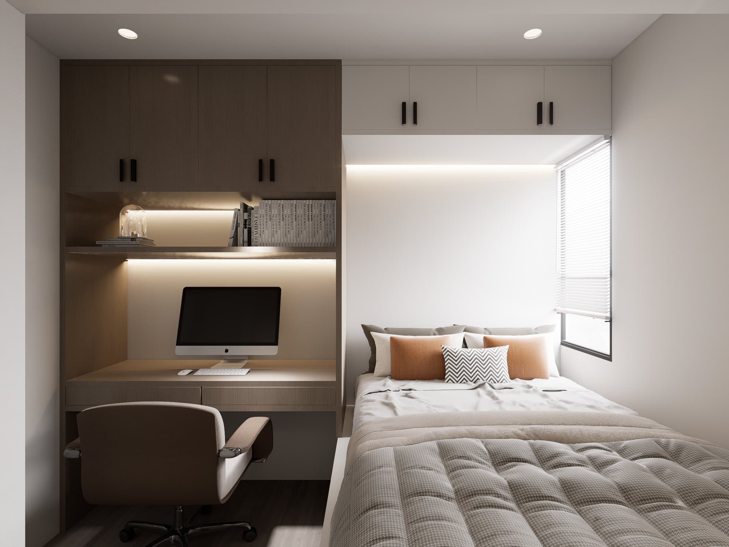 A bedroom in a calm tonal palette, dressed with a platform bed, built-in wardrobe and quiet bedside styling.