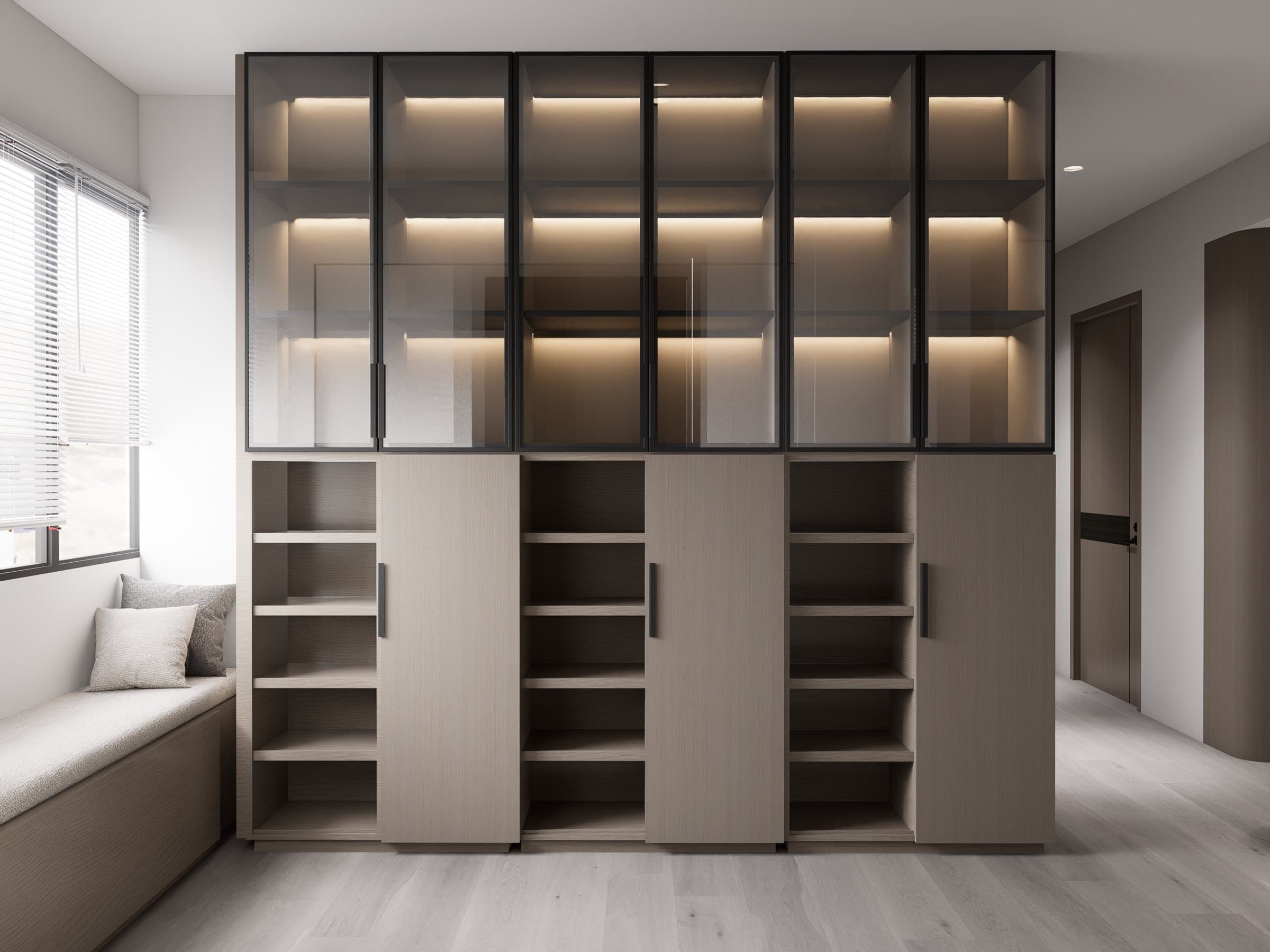 An entry corridor with concealed wardrobe doors and a calm tonal palette opening into the living room.