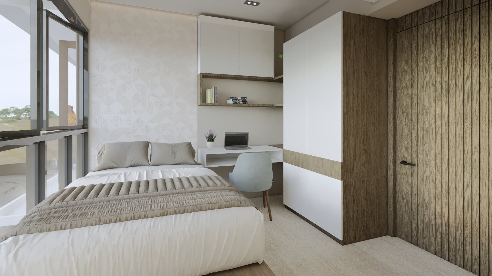 A bedroom in a calm tonal palette, dressed with a platform bed, built-in wardrobe and quiet bedside styling.
