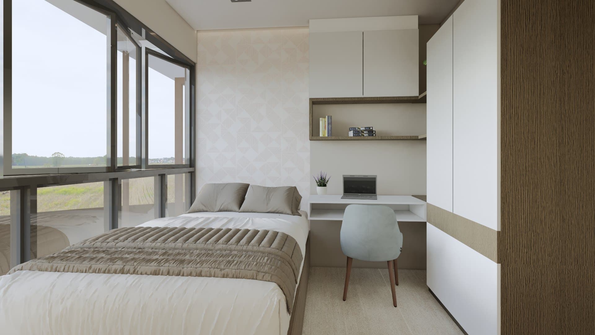 A bedroom in a calm tonal palette, dressed with a platform bed, built-in wardrobe and quiet bedside styling.